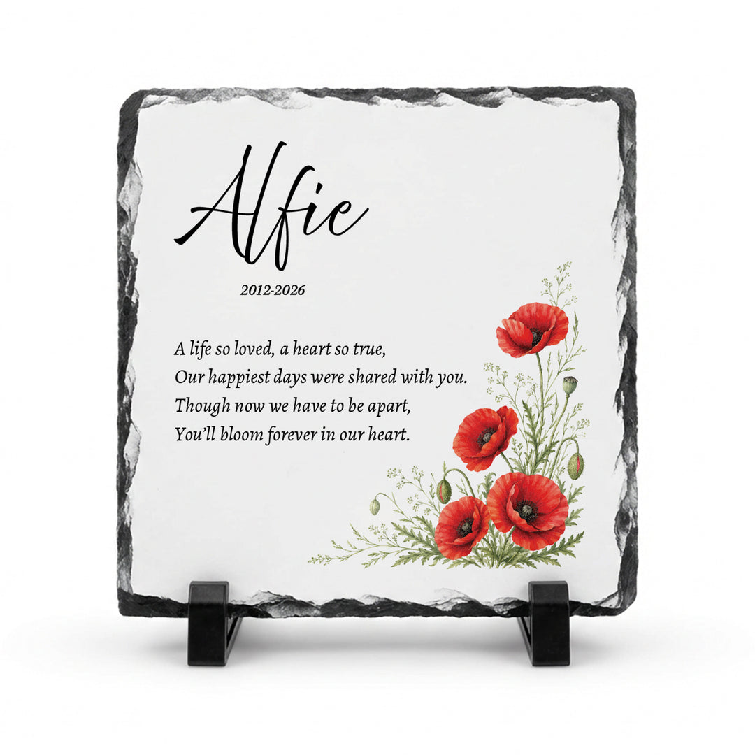 Poppy remembrance plaque in natural slate, 15x15cm small square, with watercolour poppies and the name Alfie