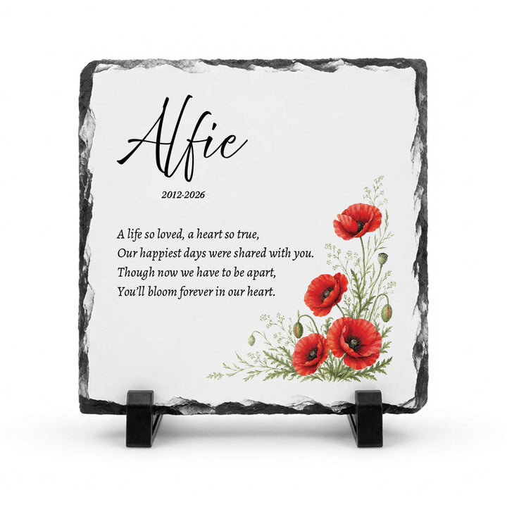 Poppy remembrance plaque in natural slate, 15x15cm small square, with watercolour poppies and the name Alfie