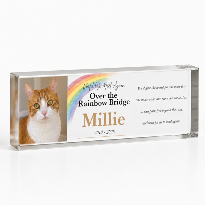 20x6cm slim Rainbow Bridge pet loss gift block with a ginger cat photo and name Millie