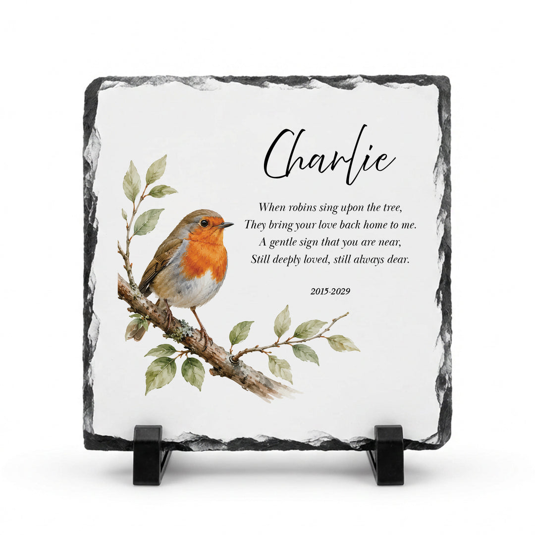 Robin memorial plaque in natural slate, 15x15cm small square, with a watercolour robin and the name Charlie