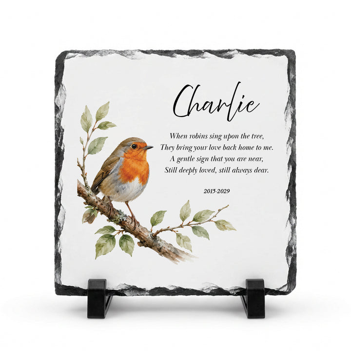 Robin memorial plaque in natural slate, 15x15cm small square, with a watercolour robin and the name Charlie