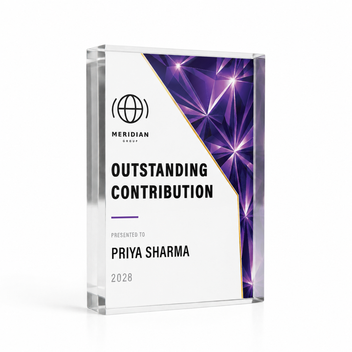 Small A7 7.4 x 10.5cm Outstanding Contribution award in purple prism design with company logo