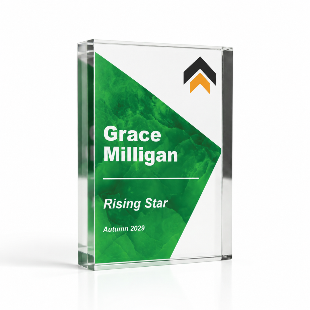 Small A7 7.4 x 10.5cm bright green Rising Star staff award, a personalised acrylic thank you award