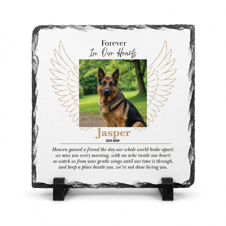 Angel wings memorial plaque in natural slate, 20x20cm large square, with a German Shepherd named Jasper on a stand