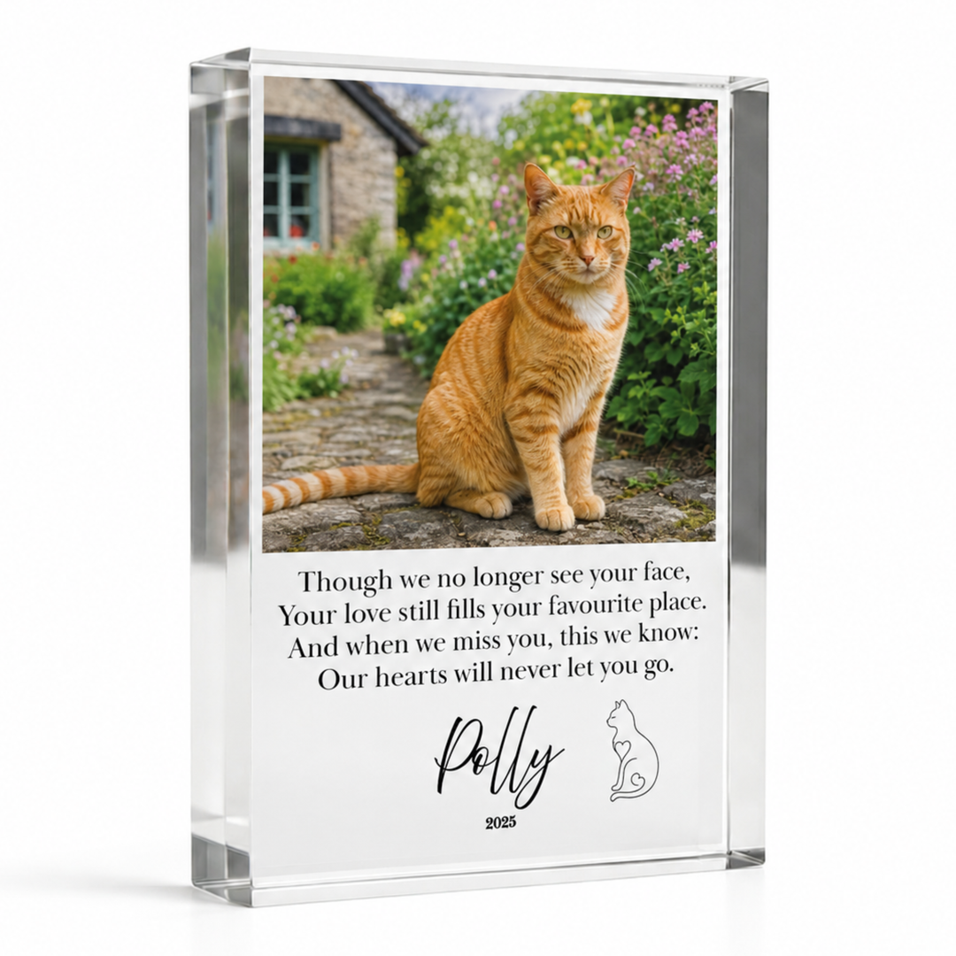 A5 cat memorial gift block with a ginger cat photo, verse and name Polly