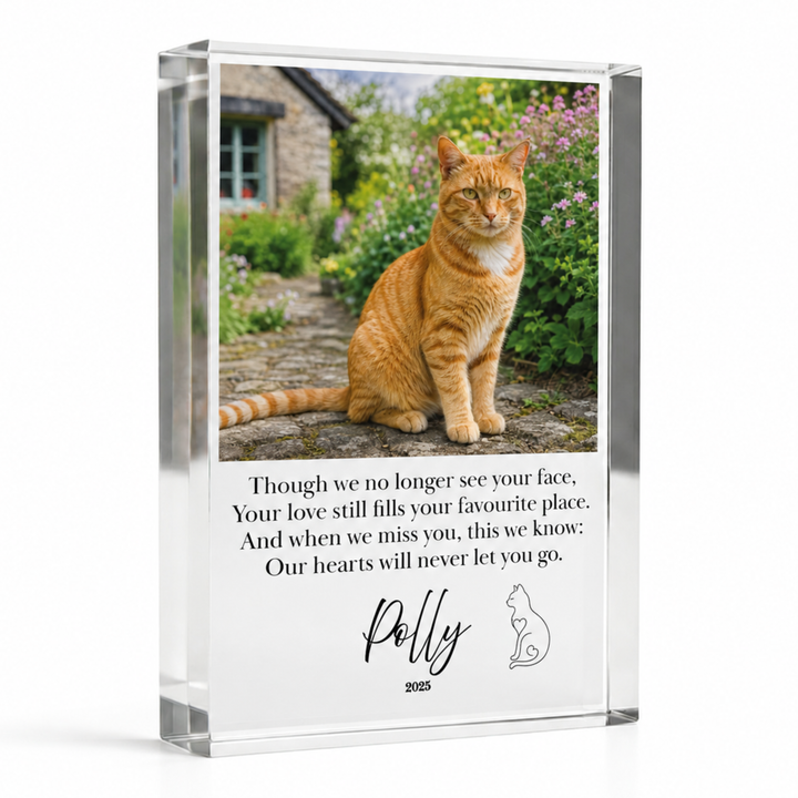 A5 cat memorial gift block with a ginger cat photo, verse and name Polly