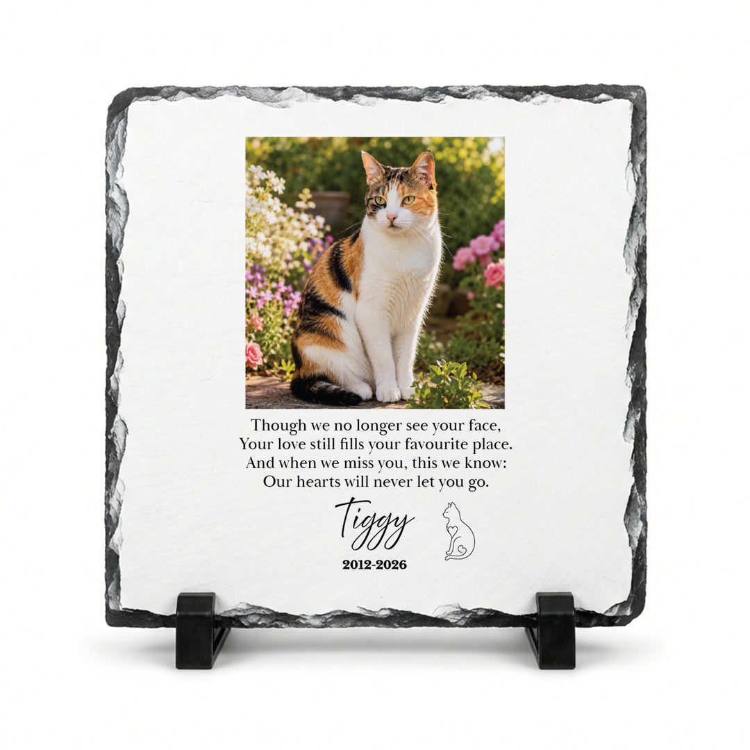 Cat memorial stone in natural slate, 20x20cm large square, with a calico cat named Tiggy on a stand