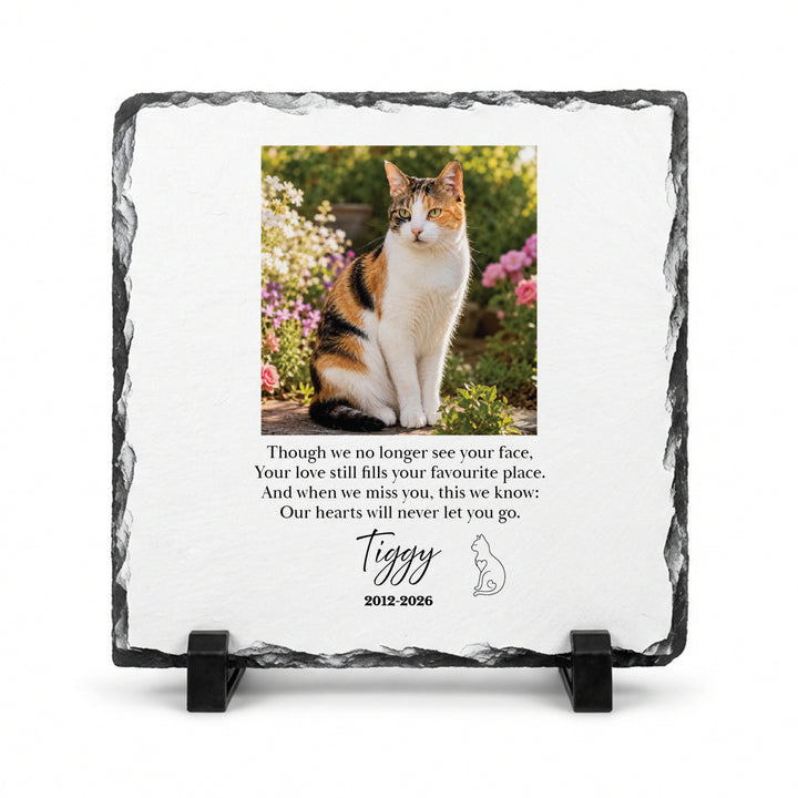 Cat memorial stone in natural slate, 20x20cm large square, with a calico cat named Tiggy on a stand