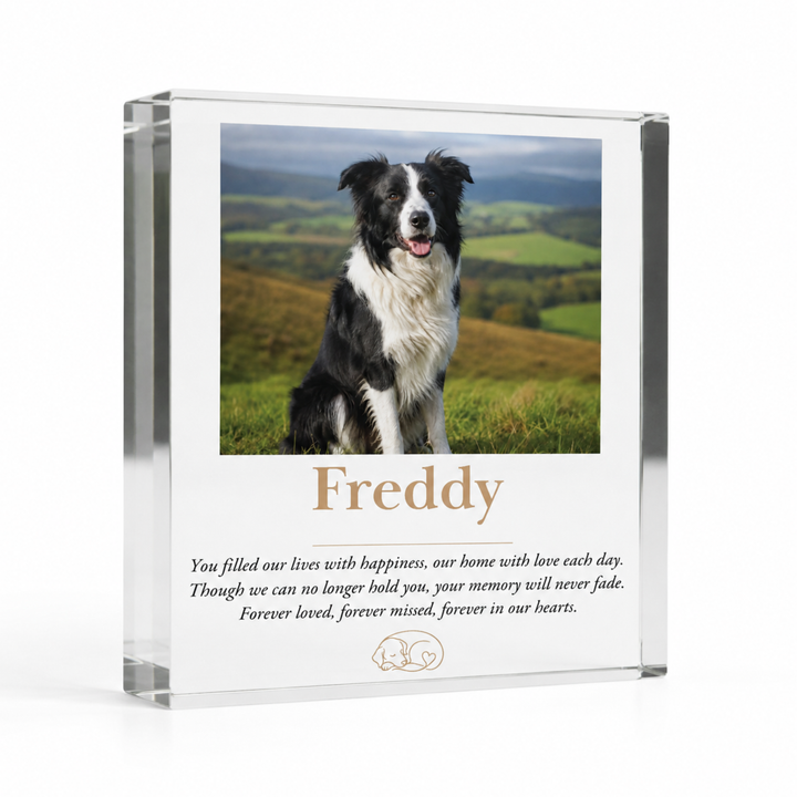 10x10cm square dog memorial block with a border collie photo and name Freddy