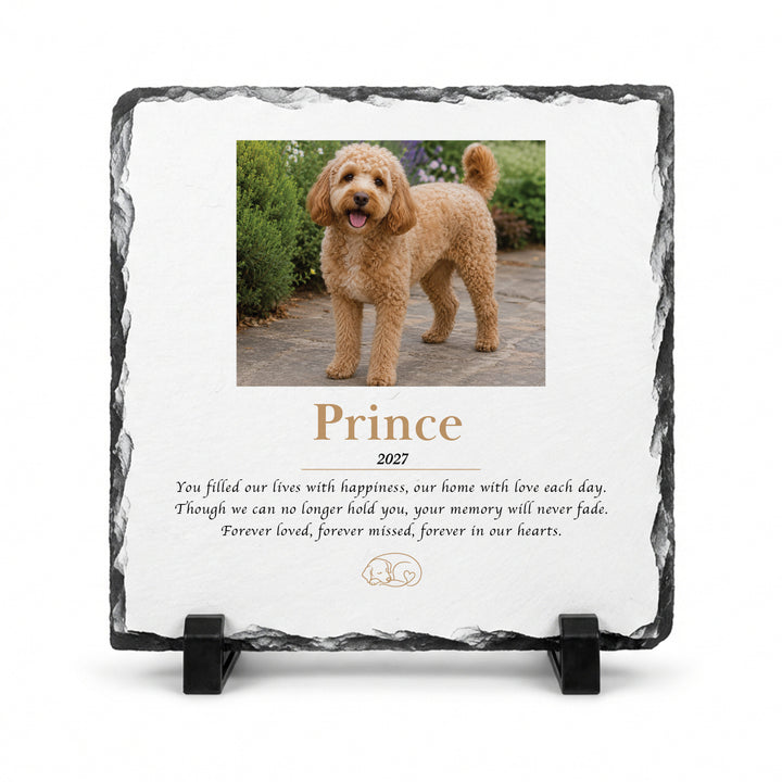 Dog memorial stone in natural slate, 20x20cm large square, with a curly apricot dog named Prince on a stand