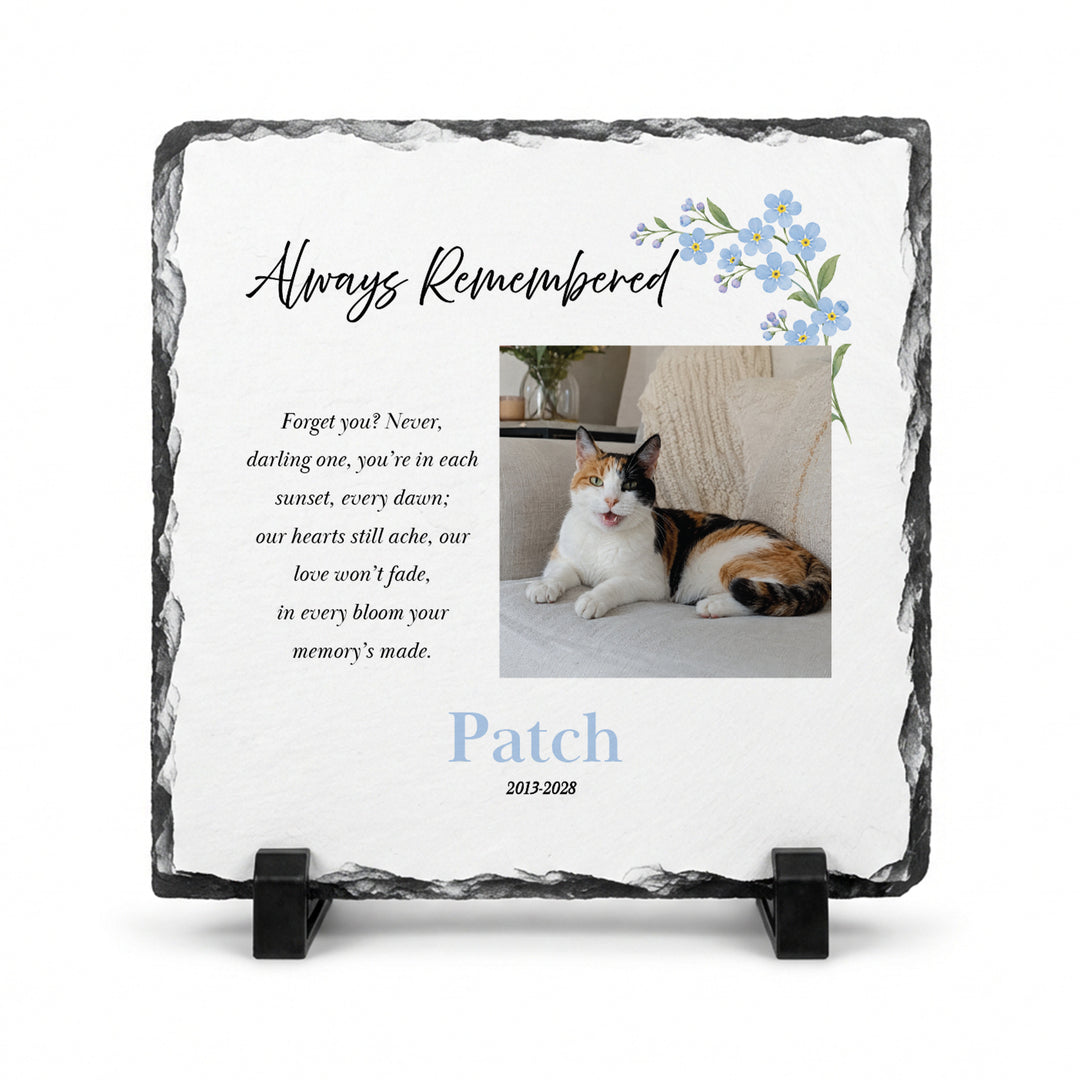 Forget me not memorial plaque in natural slate, 20x20cm large square, with a calico cat named Patch on a stand