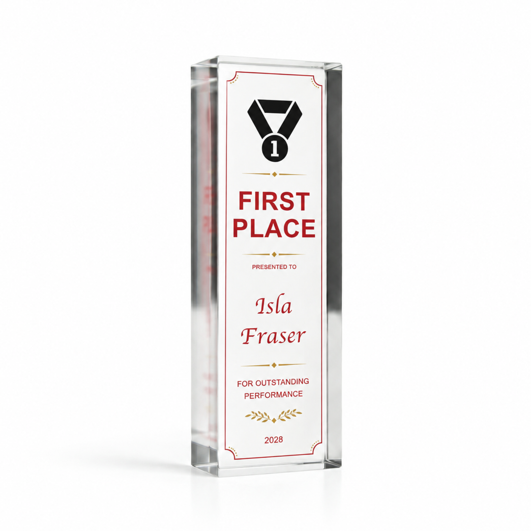 Medium tall 15 x 5cm First Place certificate award in red and gold, personalised acrylic award plaque