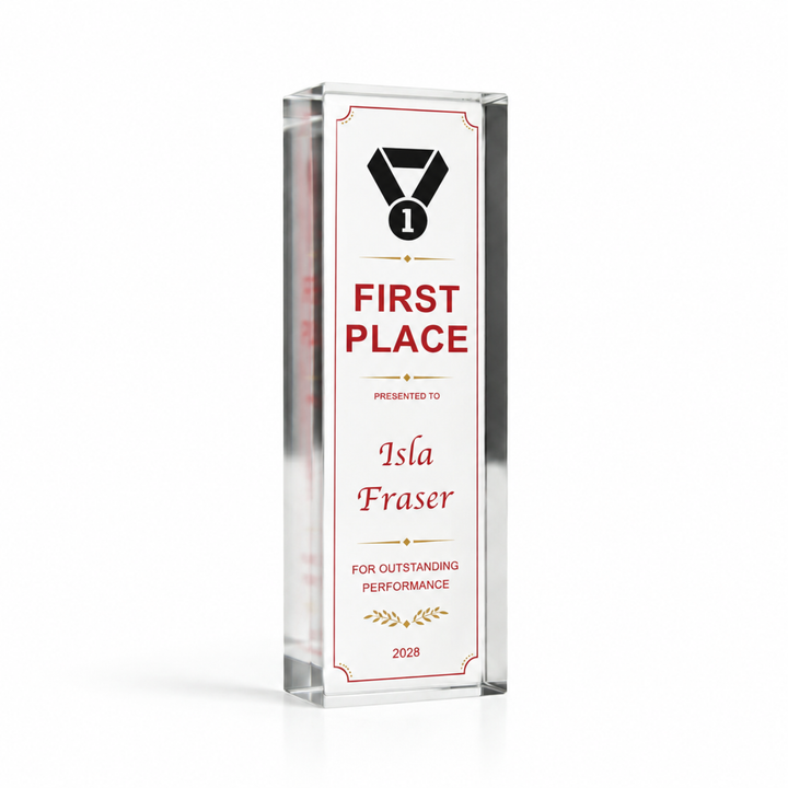 Medium tall 15 x 5cm First Place certificate award in red and gold, personalised acrylic award plaque