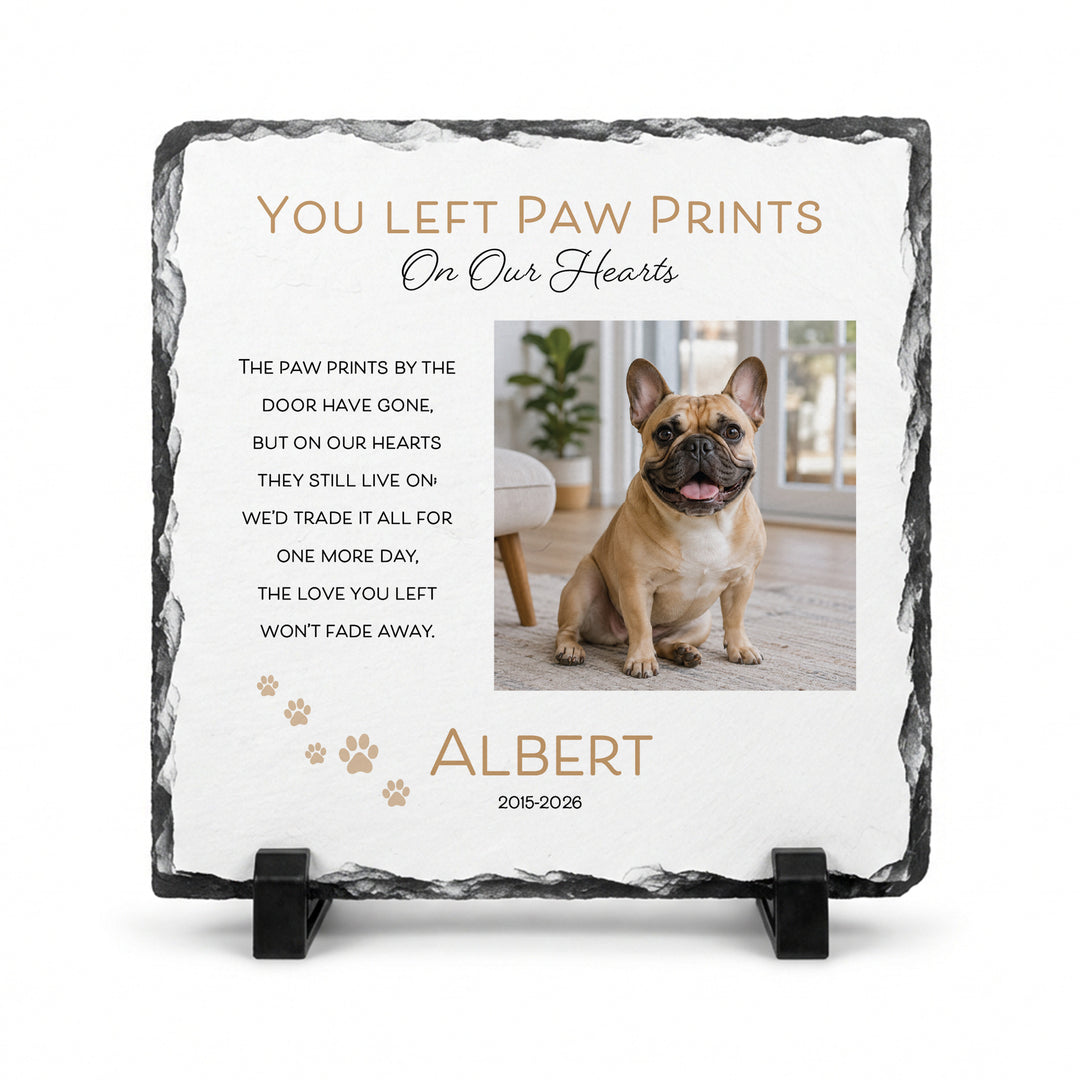 Paw print memorial stone in natural slate, 20x20cm large square, with a French bulldog named Albert on a stand