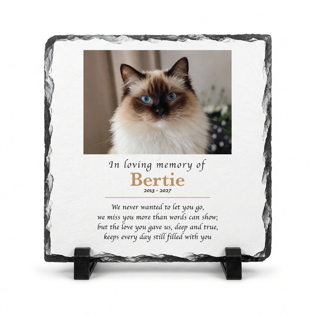 In Loving Memory pet memorial stone in natural slate, 20x20cm large square, with a cream cat named Bertie on a stand