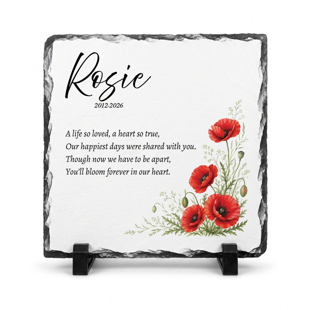 Poppy remembrance plaque in natural slate, 20x20cm large square, with watercolour poppies and the name Rosie