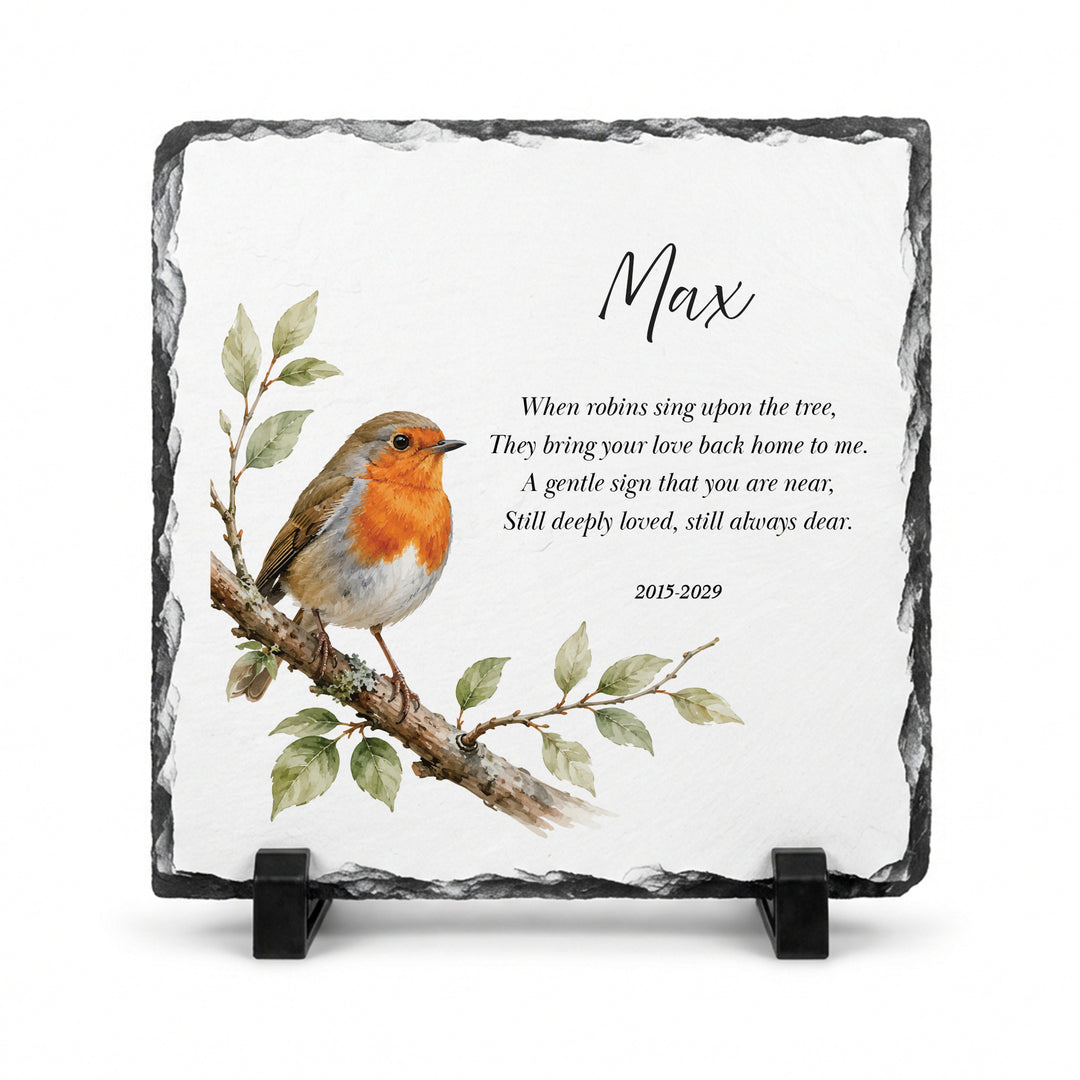 Robin memorial plaque in natural slate, 20x20cm large square, with a watercolour robin and the name Max