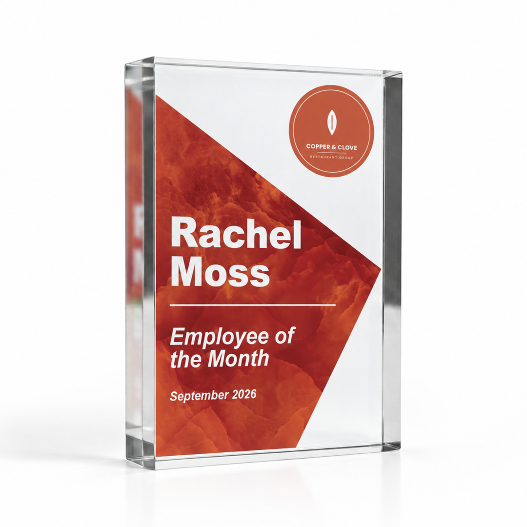 A6 10.4 x 14.8cm Employee of the Month award in deep orange with company logo, personalised acrylic block