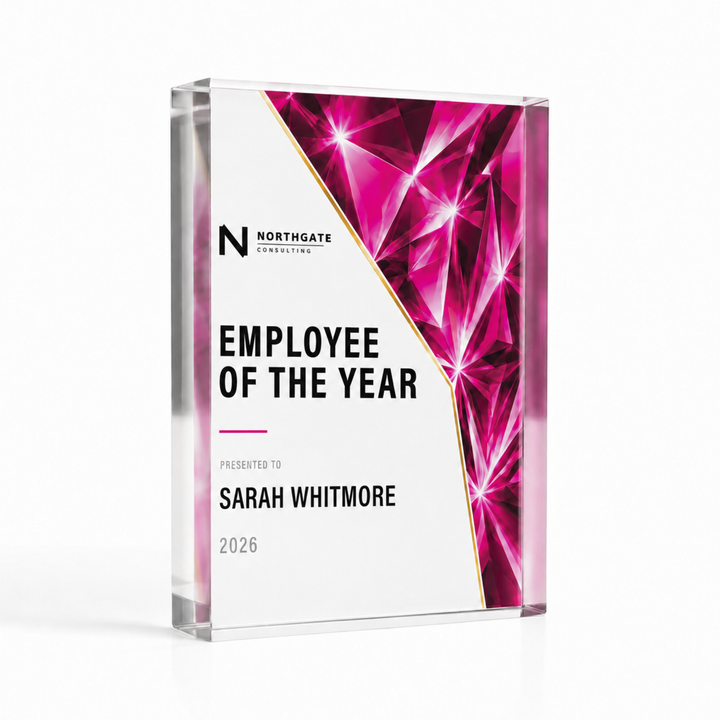 A6 10.4 x 14.8cm Employee of the Year prism award in pink, a personalised glass-effect acrylic trophy