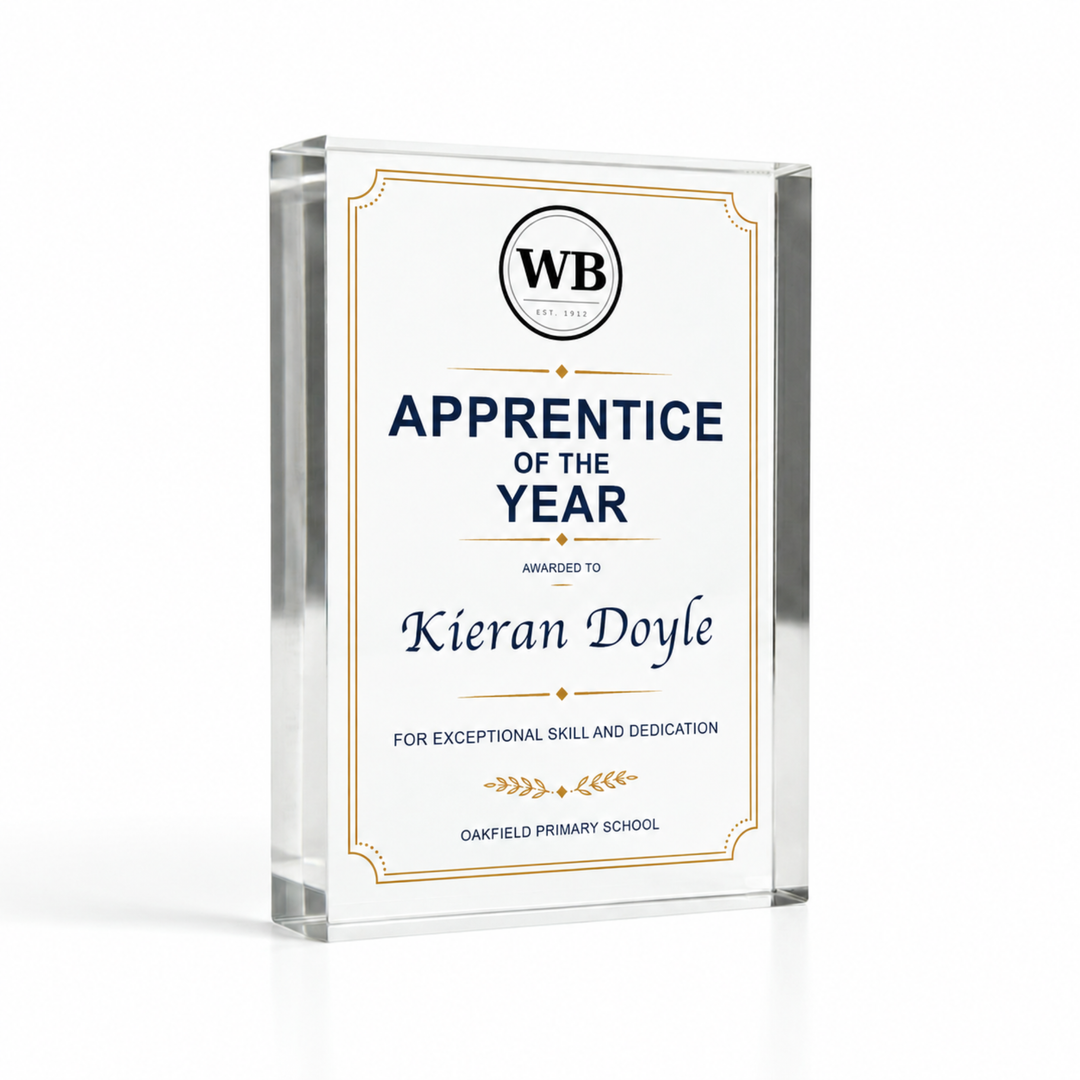 Small A7 7.4 x 10.5cm Apprentice of the Year certificate plaque with school crest, navy and gold border