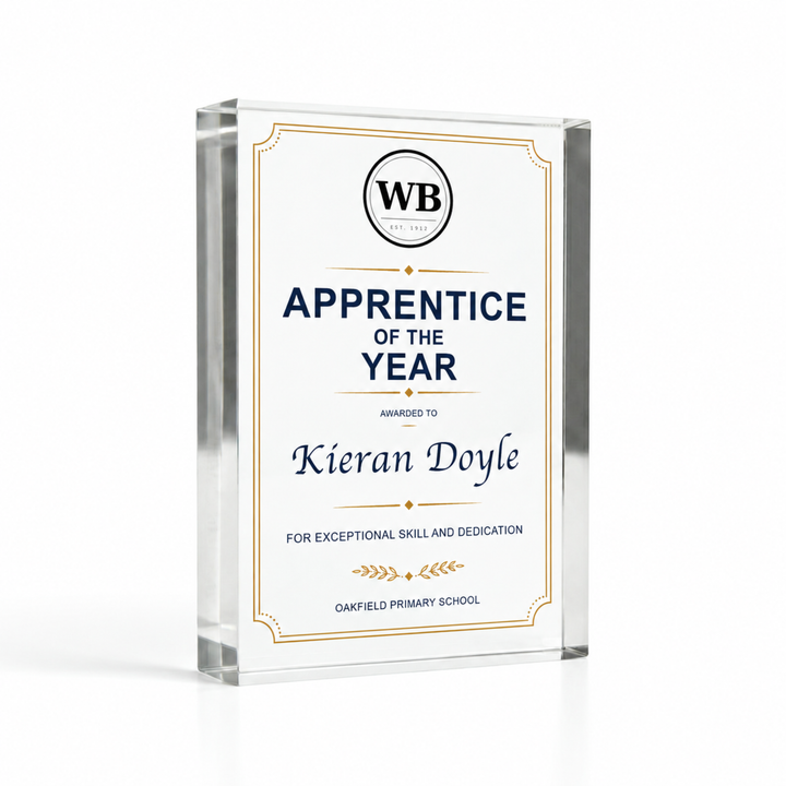 Small A7 7.4 x 10.5cm Apprentice of the Year certificate plaque with school crest, navy and gold border