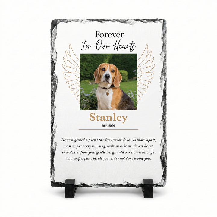 Angel wings memorial plaque in natural slate, 20x30cm large rectangle, with a beagle named Stanley on a stand