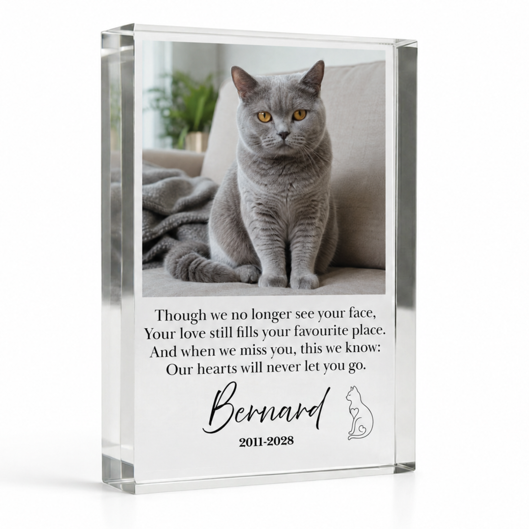 A4 cat remembrance acrylic block with a grey British Shorthair photo, verse and name Bernard