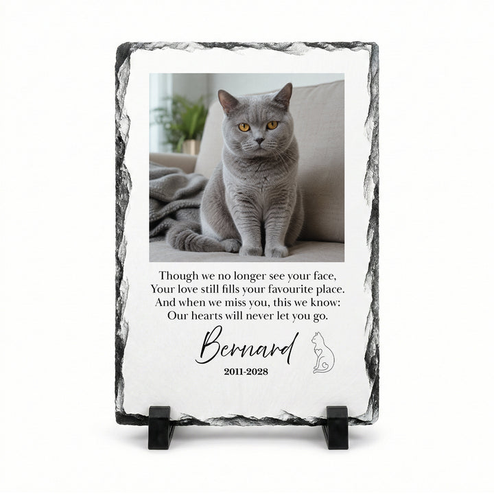 Cat memorial stone in natural slate, 20x30cm large rectangle, with a grey cat named Bernard on a stand