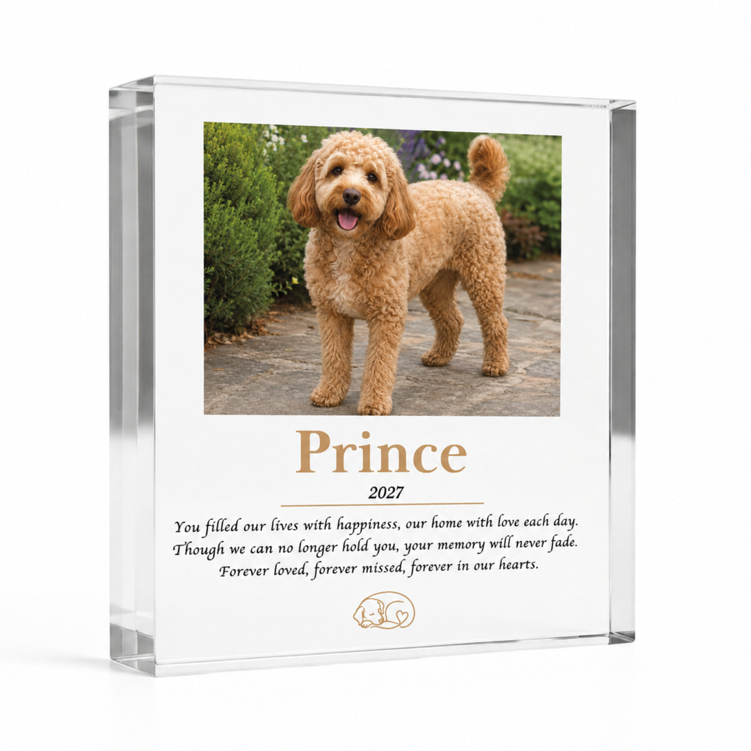 15x15cm square dog memorial block with a cockapoo photo, name Prince and a verse