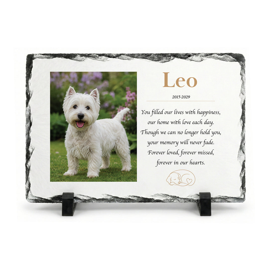 Dog memorial stone in natural slate, 20x30cm large rectangle, with a white terrier named Leo on a stand
