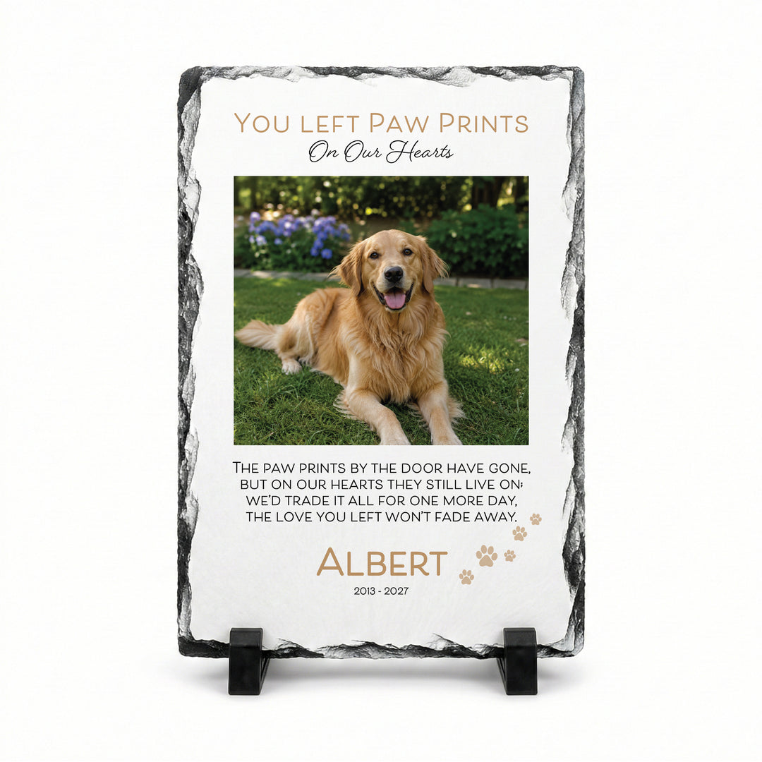Paw print memorial stone in natural slate, 20x30cm large rectangle, with a golden dog named Albert on a stand