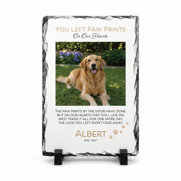 Paw print memorial stone in natural slate, 20x30cm large rectangle, with a golden dog named Albert on a stand