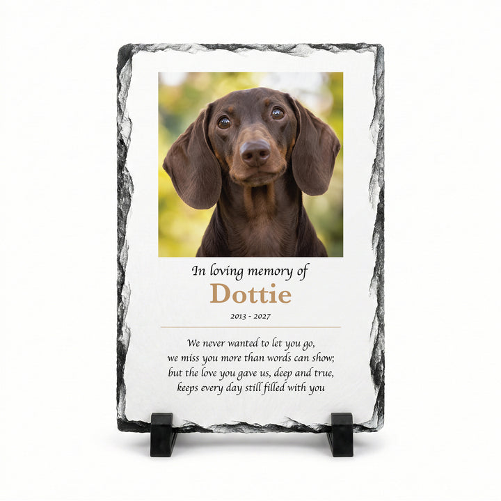 In Loving Memory pet memorial stone in natural slate, 20x30cm large rectangle, with a brown dog named Dottie on a stand
