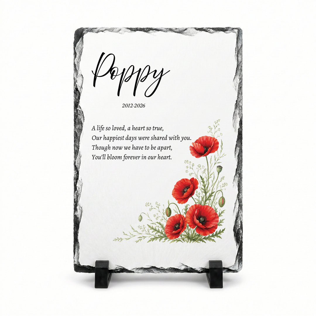Poppy remembrance plaque in natural slate, 20x30cm large rectangle, with watercolour poppies and the name Poppy