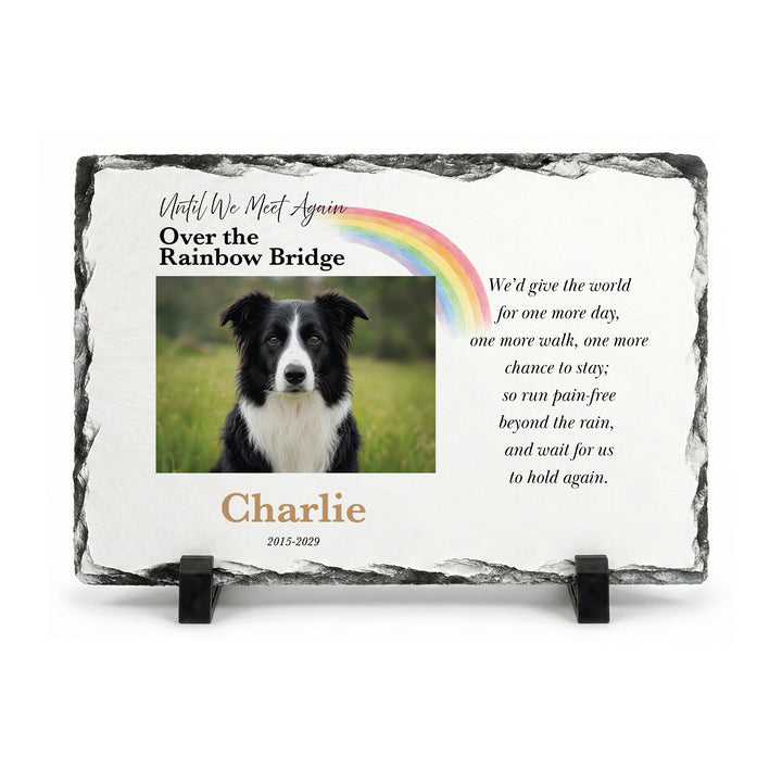 Rainbow Bridge plaque in natural slate, 20x30cm large rectangle, with a black and white collie named Charlie on a stand