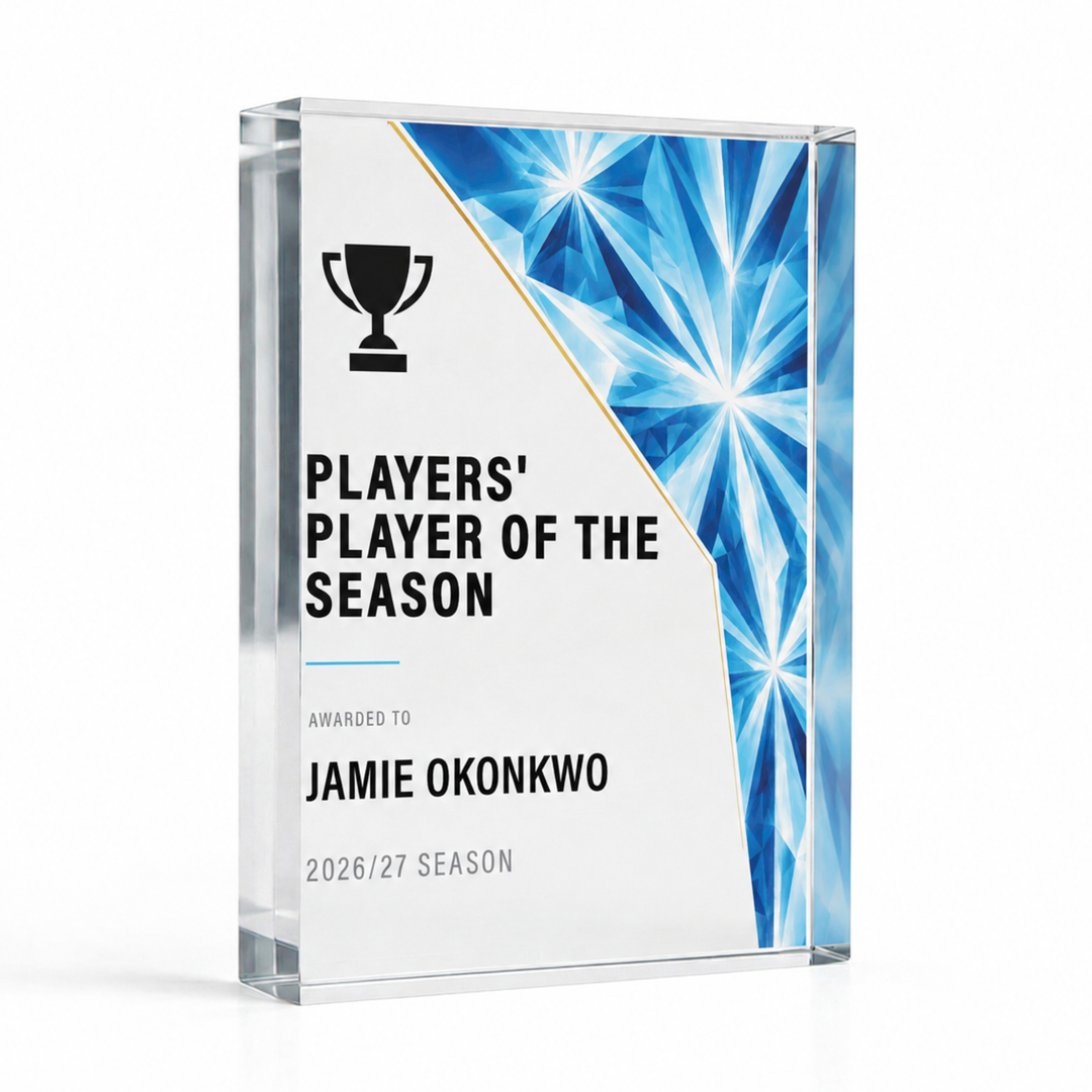 A5 14.8 x 21cm Players' Player of the Season trophy in light blue prism design, personalised acrylic award