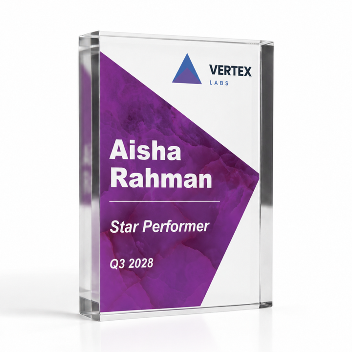 A5 14.8 x 21cm purple Star Performer staff award with company logo on solid clear acrylic