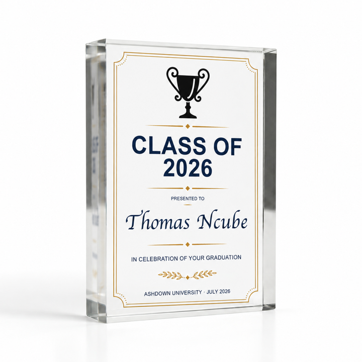 A6 10.4 x 14.8cm graduation plaque printed Class of 2026, personalised acrylic certificate in navy and gold