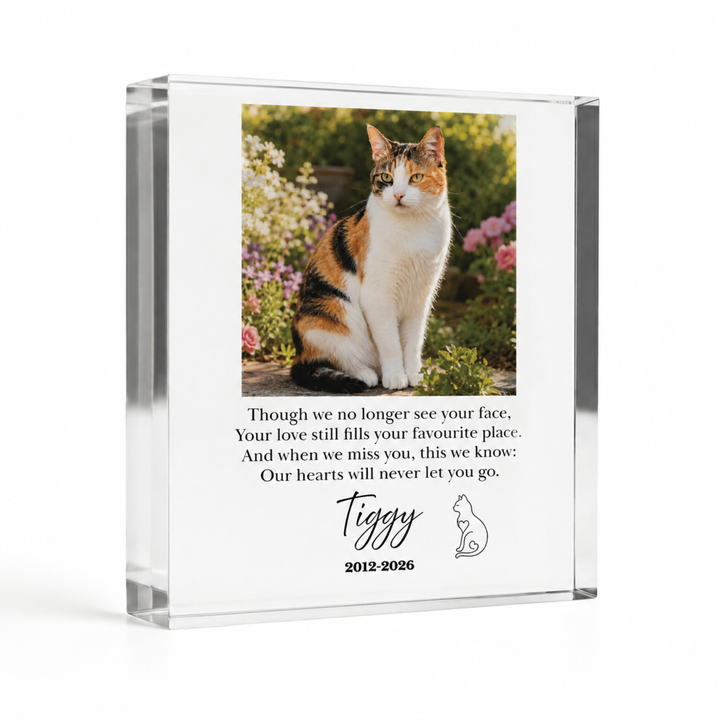 10x10cm square cat memorial block with a calico cat photo, verse and name Tiggy