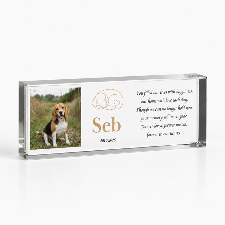 20x6cm slim dog memorial block with a beagle photo, name Seb, dates and a verse