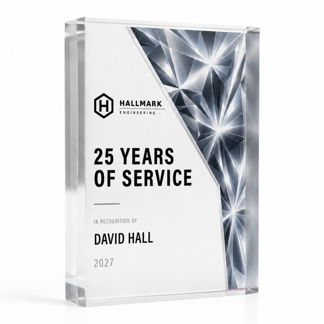 A4 21 x 29.7cm 25 Years of Service award in silver prism design, a large personalised acrylic trophy