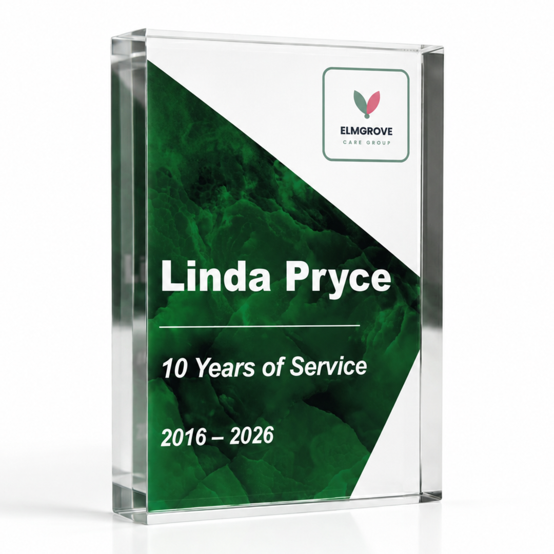 A4 21 x 29.7cm forest green long service award printed 10 Years of Service, a large personalised acrylic award