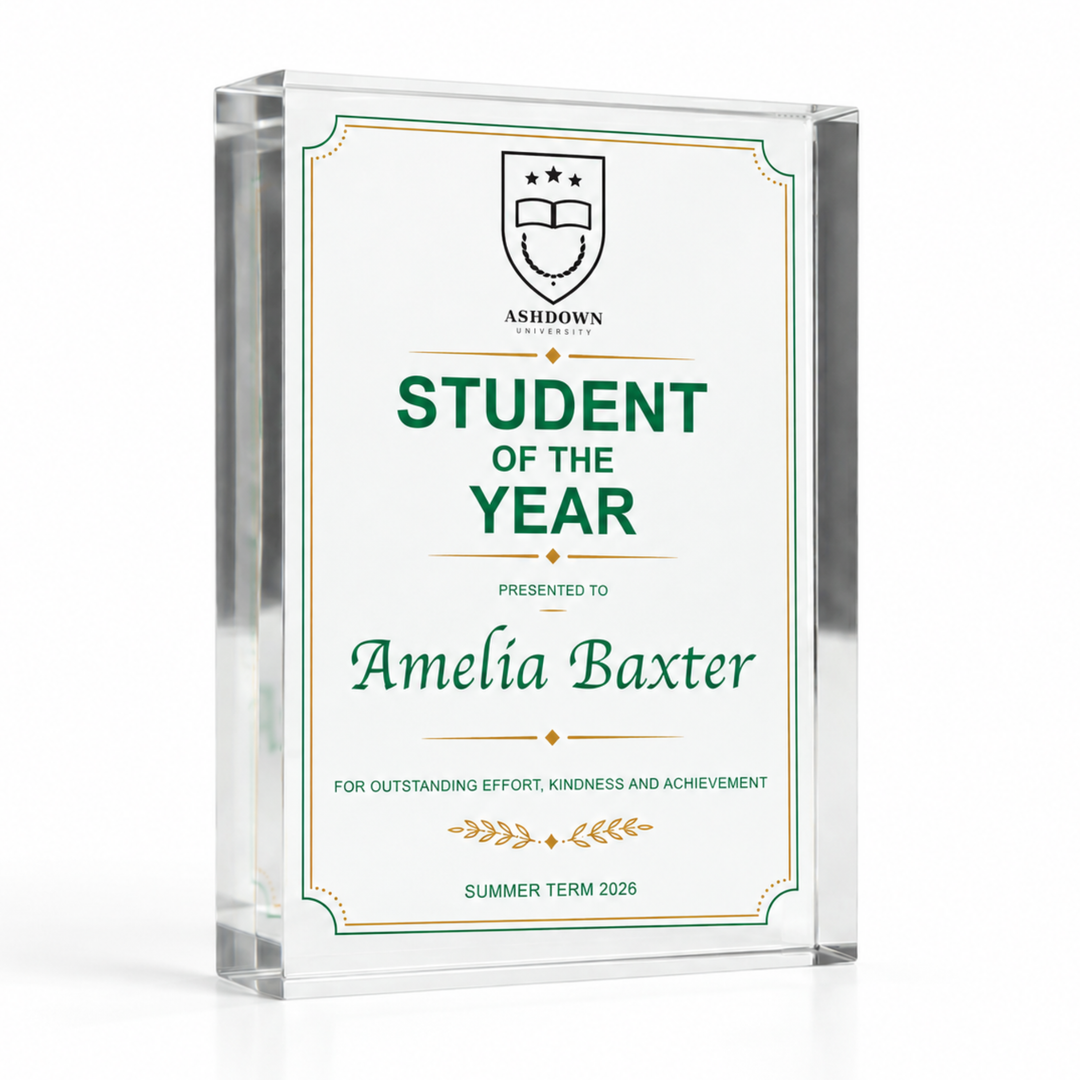 A5 14.8 x 21cm Student of the Year certificate plaque in green and gold with school crest