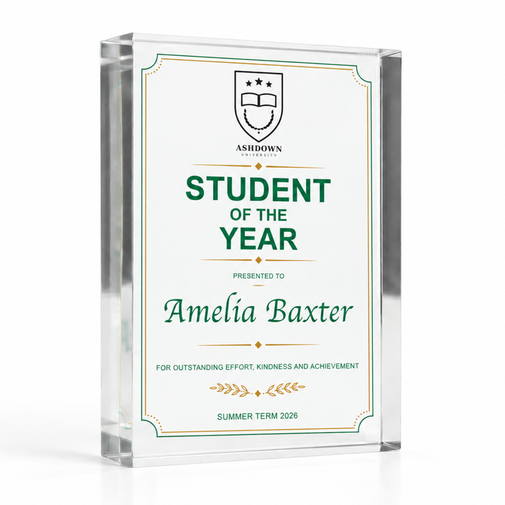 A5 14.8 x 21cm Student of the Year certificate plaque in green and gold with school crest