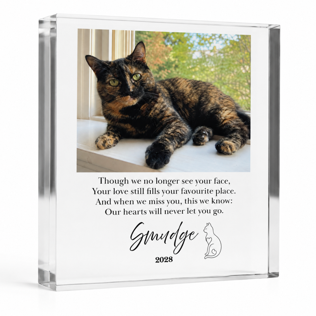 15x15cm square cat memorial block with a tortoiseshell cat photo, verse and name Smudge