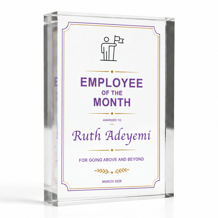 A4 21 x 29.7cm Employee of the Month certificate award plaque in purple and gold, personalised clear acrylic