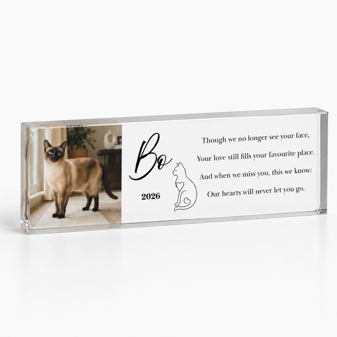 20x6cm slim cat memorial block with a Siamese cat photo, name Bo and a short verse