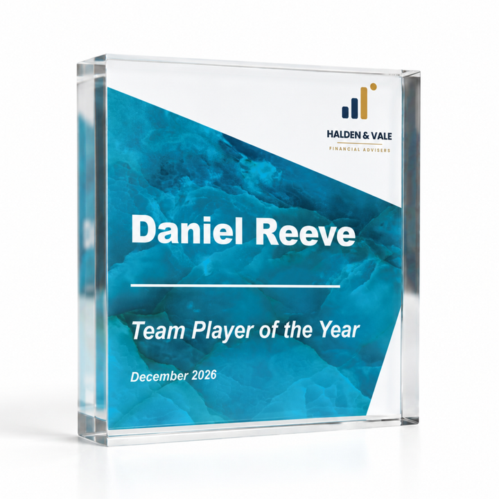 Small square 10 x 10cm teal Team Player of the Year award, personalised acrylic trophy with company logo