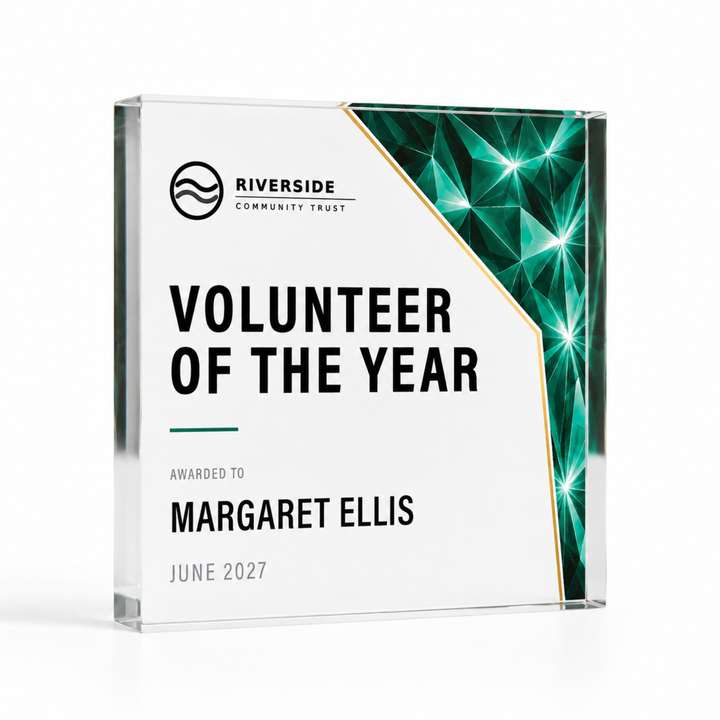Small square 10 x 10cm Volunteer of the Year award in green prism design, personalised acrylic trophy