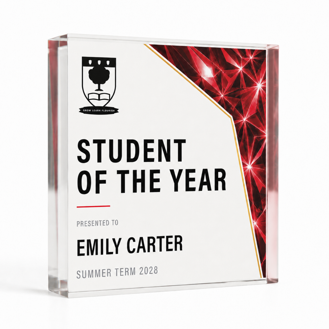 Large square 15 x 15cm Student of the Year achievement award in red prism design with school crest
